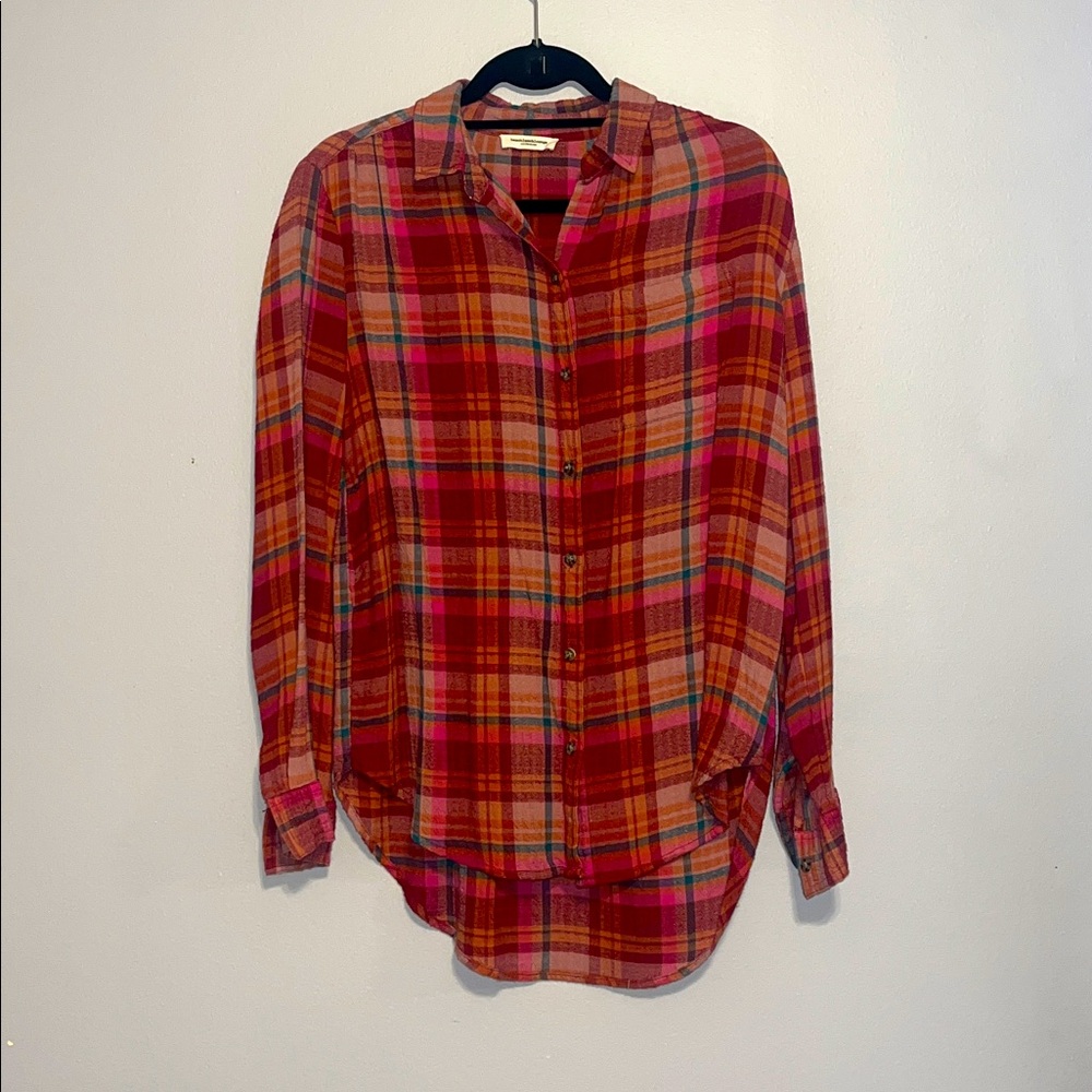 Pink and Orange Flannel Button Down Tunic Small